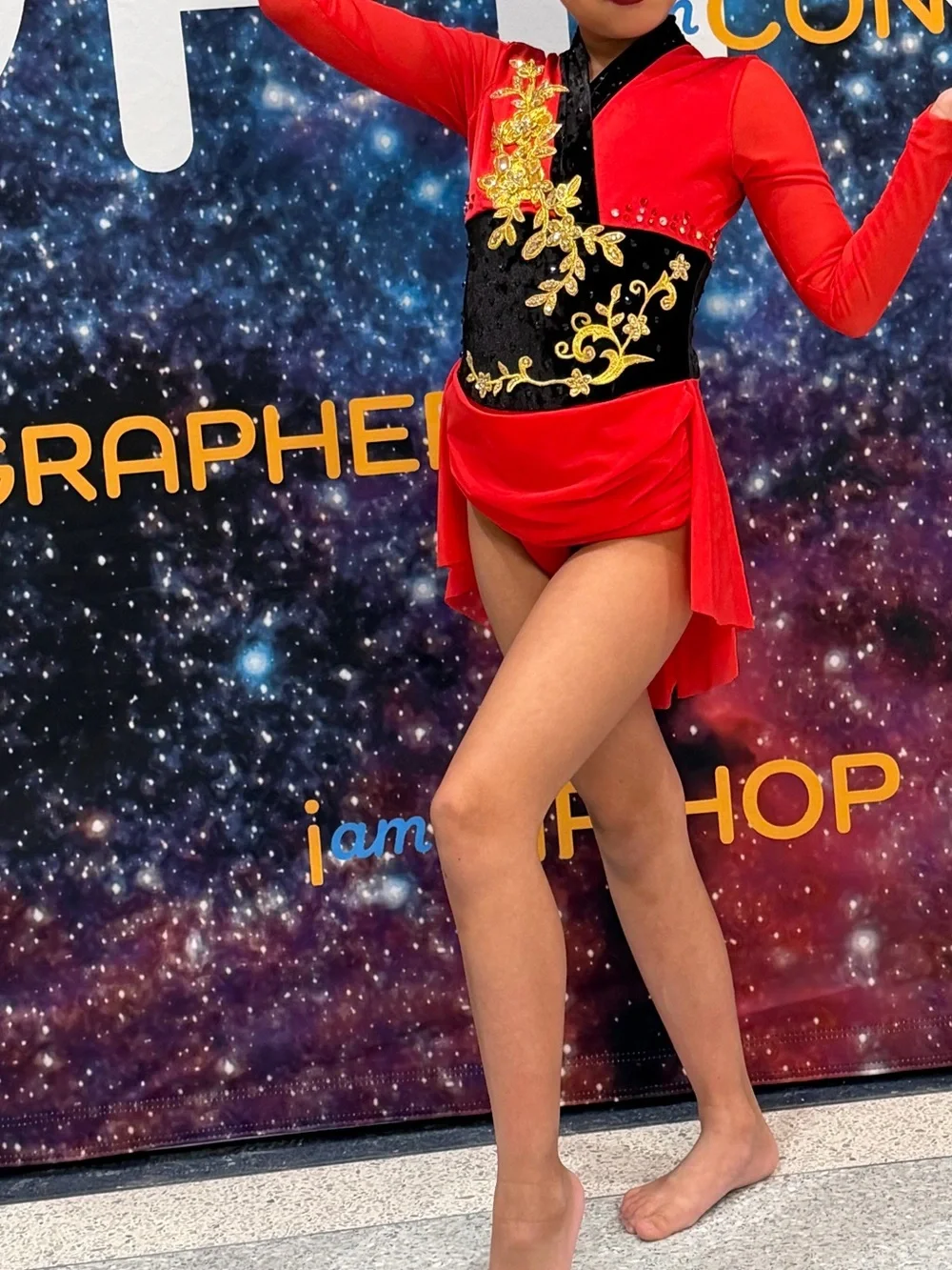 Red and Black Embellished Dance Costume with Gold Floral Appliqué - lyrical -